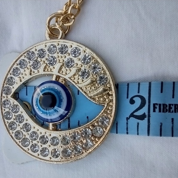 Big & Garish Gold Tone & Rhinestone Studded Evil Eye Pendant on 20" Faux Chain - Picture 3 of 8